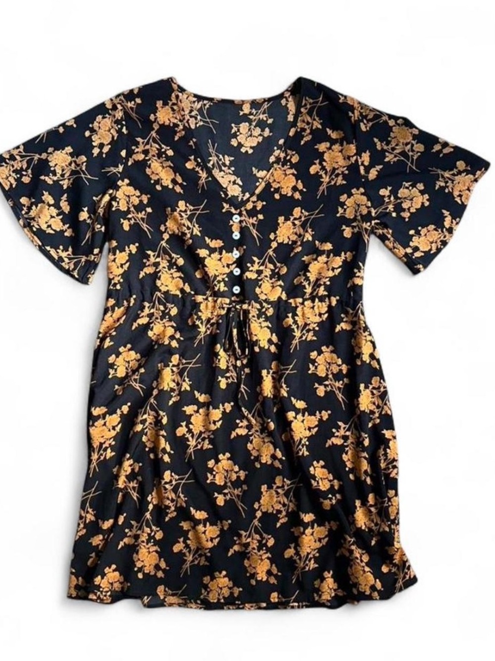 Black & Mustard Floral Button-Front Dress XL